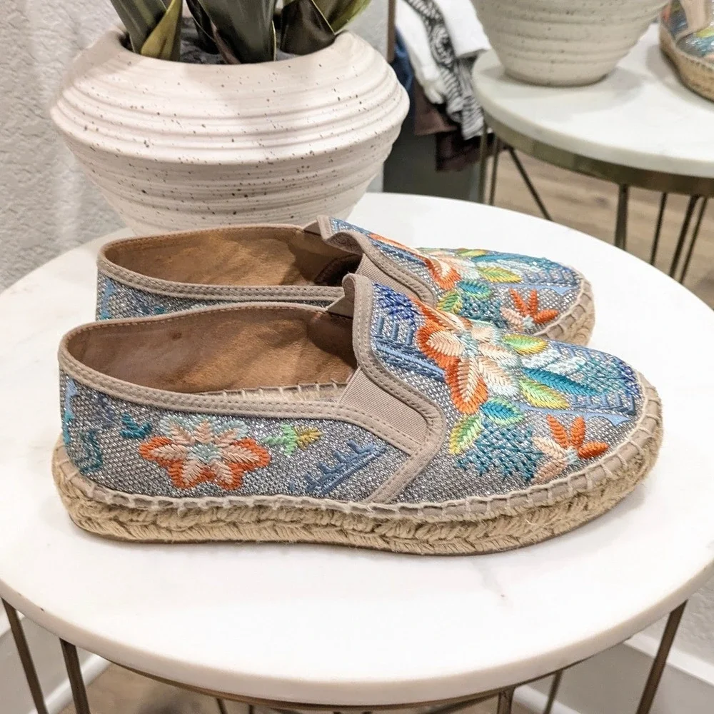 Johnny Was Elysia Metallic Floral Embroidered Espadrille Sz 39 Blue Boho Slip On